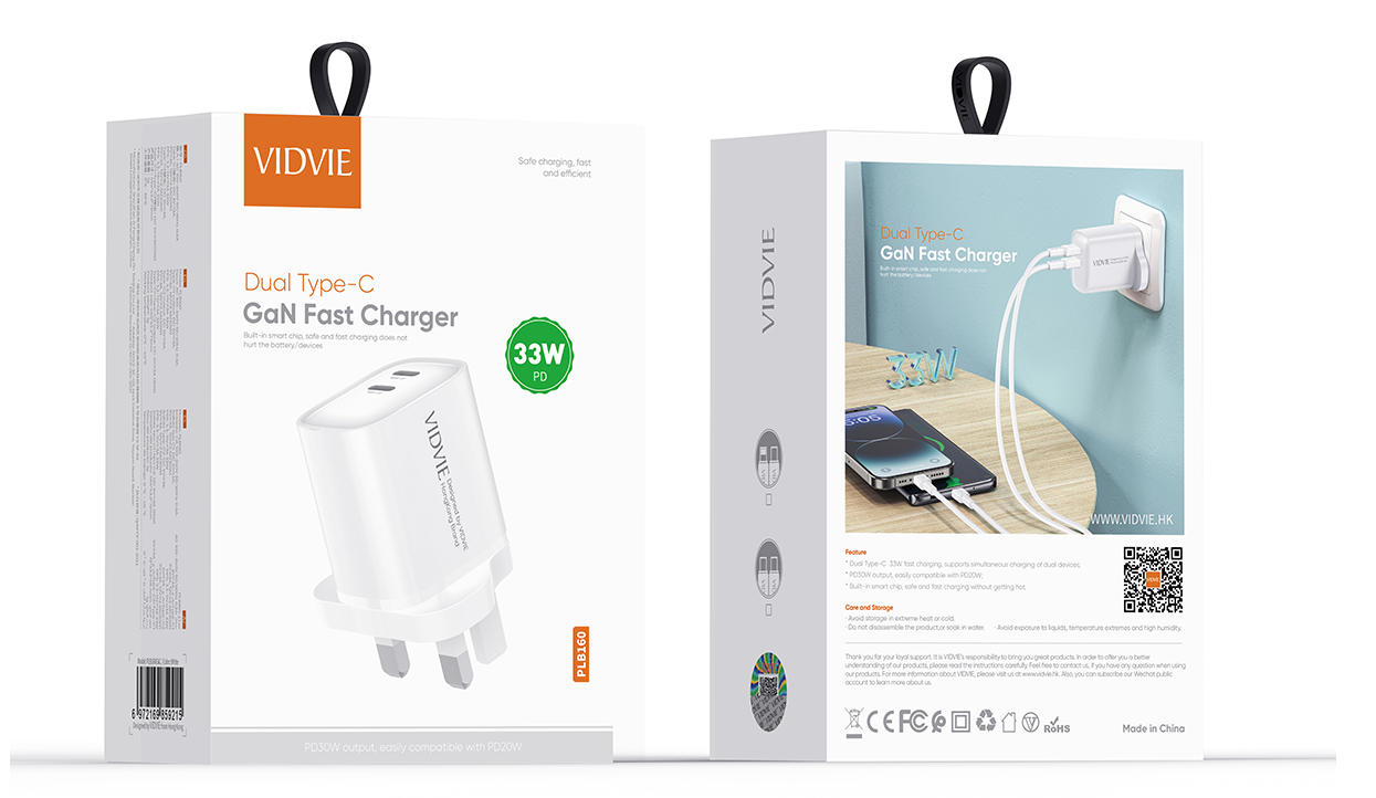 VIDVIE PLB160 30W Dual USB-C GaN Fast Charger – Compact PD & PPS Wall Charger